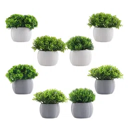 Kuber Industries White & Green 8 Pieces Bonsai Artificial Plants With Pots-58