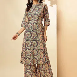 Vbuyz Floral Kalamkari Printed Mandarin Collar Pure Cotton Straight Kurta with Palazzos-image-74