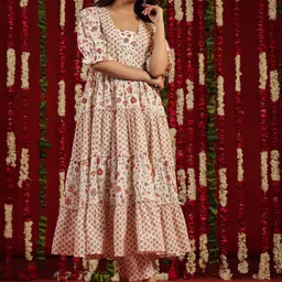 anayna White & Pink Floral Printed Tiered Pure Cotton Anarkali Kurta with Trousers-picture-32