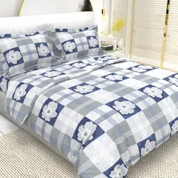 THE WHITE MOSS White & Blue 210 TC Queen Bedsheet with 2 Pillow Covers-image-98