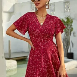 LERIYA FASHION Polka Dot Print Flutter Sleeve Ruffled Dress-picture-29