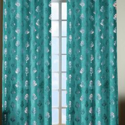 IVAZA Turquoise Blue & Silver-Toned Set of 2 Floral Black Out Long Door Curtain-17