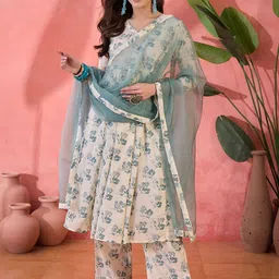 RangDeep Floral Printed V Neck Pure Cotton Kurta With Trousers & Dupatta-image-13