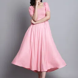 Aawari Women Smocked Square Neck Puff Sleeves A-Line Midi Dress-image-99