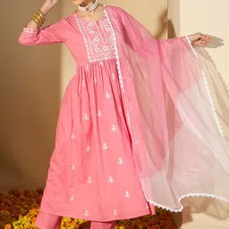 BANDIA Women Yoke Design Empire Thread Work Pure Cotton Kurta with Trousers & With Dupatta-image-55