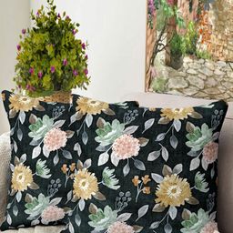 Blue Grass Black & Yellow 2 Pieces Floral Velvet Square Cushion Covers-image-37