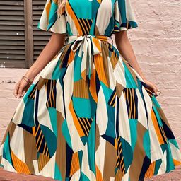 ZWERLON Print Flared Sleeve A-Line Midi Dress-picture-35