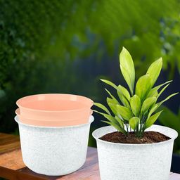Kuber Industries 4Pcs White & Peach-Colored Textured Planters With Plate-73
