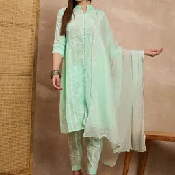 HERE&NOW Women Printed Regular Pure Cotton Kurta with Trousers & With Dupatta-picture-37