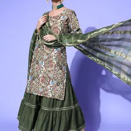 DIVASTRI Floral Printed Round Neck Straight Kurta With Sharara And Dupatta-picture-14