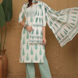 Anouk Floral Printed Thread Work Pure Cotton Straight Kurta With Trousers And Dupatta-image-79