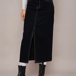 SASSAFRAS BASICS Denim Front-Slit A-Line Midi Skirt-36