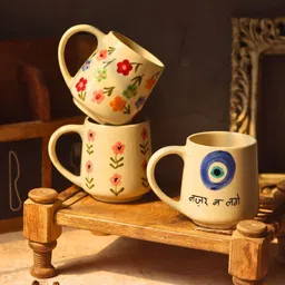 WEAVING HOMES White & Green 3 Pieces Floral Printed Ceramic Glossy Mugs-250 ml Each-47