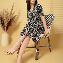 KALINI Women Abstract Printed V-Neck Short Sleeves Fit & Flare Midi Dress image 5