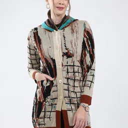 Monte Carlo Women Abstract Self Design Hooded Ribbed Cardigan Sweater-image-5