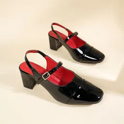 MOZAFIA Women Square Toe Block Heels Mules with Buckles-image-45