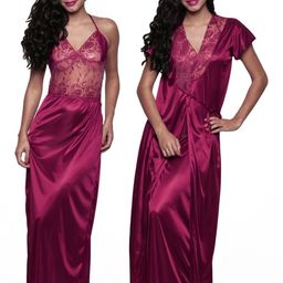 PHALIN Women Magenta Satin Solid Nightdress-image-72