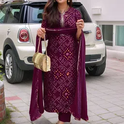 Moda Rapido Women Bandhani Printed Sequinned Kurta with Trousers & Dupatta-picture-0