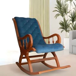 DZYN Furnitures Brown & Blue Upholstered Wooden Rocking Chair-image-15