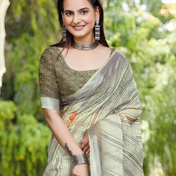 PHEASANT Striped Zari Pure Linen Block Printed Saree image 2