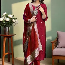 Sangria Women Embroidered Pure Cotton Straight Kurta Pyjama & Dupatta Kurta Set-picture-14