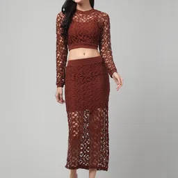 clobug Self Design Round Neck Long Sleeve Top With Skirt Co-Ords-image-10