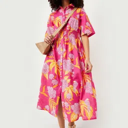 max Women Floral Printed Pure Cotton Shirt Midi Dress-image-76