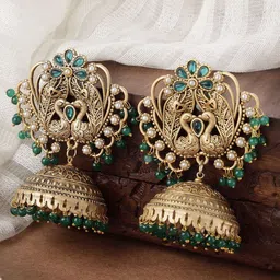 KARATCART Gold Plated Kundan Beaded Peacock Shaped Jhumkas-18
