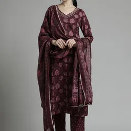 Jaipur Kurti Burgundy Floral Embroidered Pure Cotton Beads Kurta With Trousers & Dupatta-picture-47