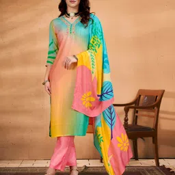 Anouk Blue and Orange Ombre V-Neck Straight Kurta with Trouser and Dupatta-picture-57
