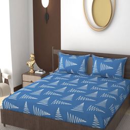 VOMZER Blue & White Geometric Printed Cotton 210TC Fitted Queen Bedsheet Set-1.98m x 1.53m-image-44
