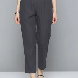 MALHAAR Women Cotton High Rise Straight Fit Pleated Trousers-image-16