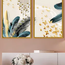 Art Street Blue & Gold-Toned 2 Pieces Feather Butterfly Printed Canvas Wall Paintings-image-88