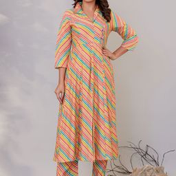 LALI JAIPUR Striped Shirt Collar A-Line Kurta with Trousers-image-7