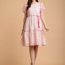Tulsattva Women Cotton Self Design Tiered Puff Sleeve A-Line Midi Dress-picture-5