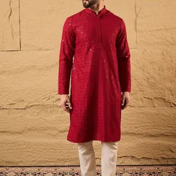 House of Pataudi Embroidered Sequinned Mandarin Collar Straight Kurta-image-40