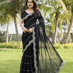 The Textile Hub Floral Embroidered Pure Chiffon Saree-picture-7