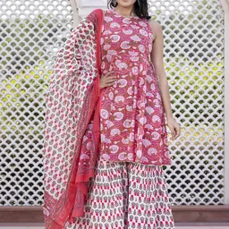 KALINI Floral Printed Anarkali Pure Cotton Kurta With Palazzos & Dupatta-picture-1