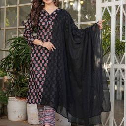 PEENGAX Floral Printed V-Neck Pure Cotton Straight Kurta With Trousers & Dupatta-picture-16