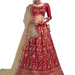 MANVAA Maroon & Gold-Toned Embroidered Thread Work Semi-Stitched Lehenga & Unstitched Blouse With Dupatta-48