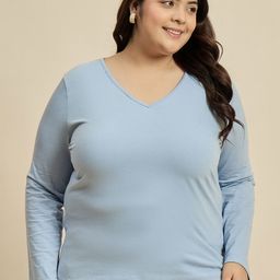 CURVY STREET Women Solid V-Neck Cotton Plus Size T-shirt-image-52
