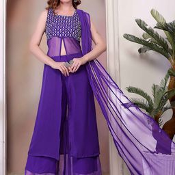 Ethnic 3 You Floral Yoke Design Empire Sequinned Pure Cotton Kurta With Palazzo & Dupatta-image-36