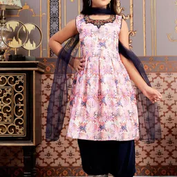 Sangria Girls Floral Printed Round Neck Cotton A-Line Kurta & Patiala With Dupatta-picture-7