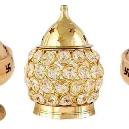 Brass Akhand Diya and 2 OM Akhand Diya (Height: 4 inch) Brass (Pack of 3) Table Diya Set-image-54