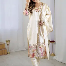 KALINI Floral Printed Thread Work Straght Kurta With Trousers & Dupatta image 3