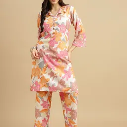TRENDSWILL Floral Printed Shirt Collar Mirror Work Straight Kurta With Trousers-19
