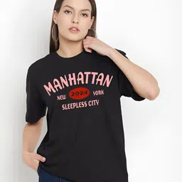 Mast & Harbour Women Typography Printed Round Neck Pure Cotton Oversized T-shirt-picture-35
