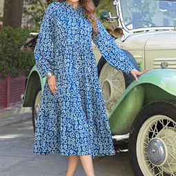 KALINI Printed Puff Sleeve Cotton Fit & Flare Midi Dress-image-40