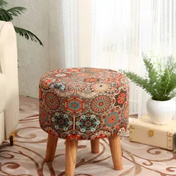 NACIA Red & Green Printed Wooden Round Shaped Ottomans-6