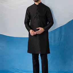 Inddus Floral Embroidered Thread Work Jacquard Weave Stright Kurta With Trousers-image-76